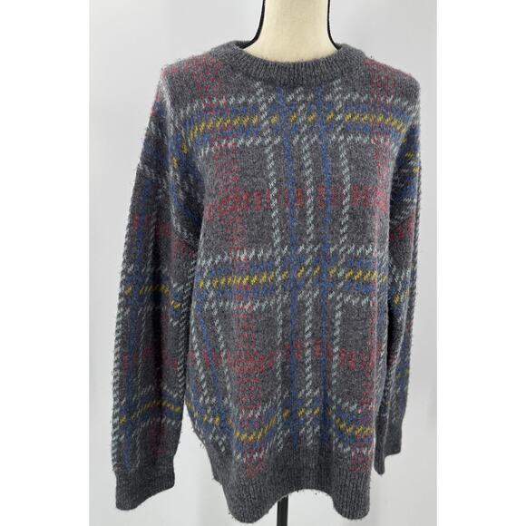 RE/DONE 90's Oversized Crewneck Gray Plaid Wool Sweater Large - Picture 2 of 9